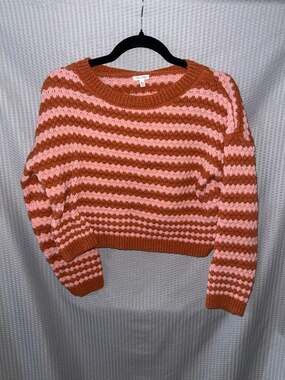 En Crème Pink and Burnt Orange Striped Cropped Knit Sweater